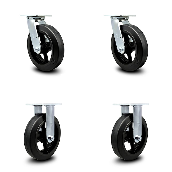 8 Inch Rubber on Steel Caster Set with Roller Bearings 2 Swivel 2 Rigid SCC